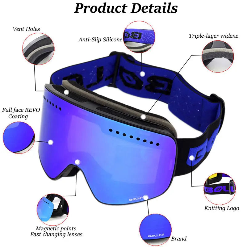 Ski Goggles with Magnetic Double Layer Polarized Lens