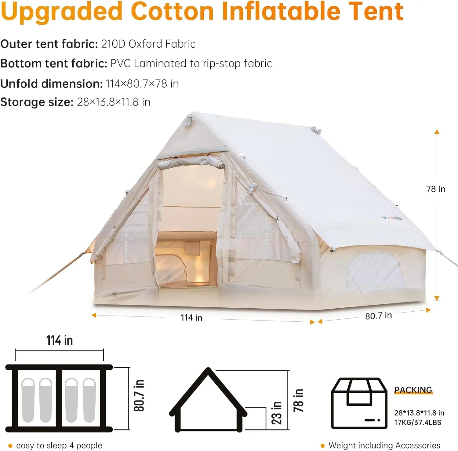 Easy Setup 4 Season Waterproof Windproof Outdoor Blow Up Luxury Cabin Tent
